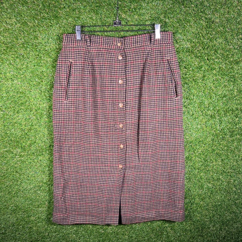 Orvis Vintage Houndstooth Button Front Midi Skirt Brown Green Burgundy Sz 14
